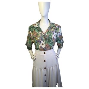 Vintage Alia Tropical Floral Blouse Green Leaf Button Front Shirt | Size Large